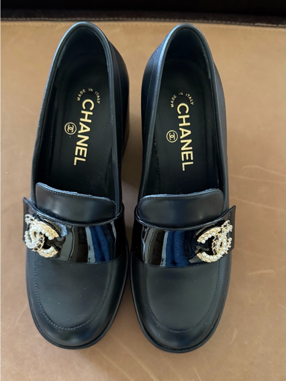 CHANEL Black Leather & Patent CC Pearl-Embellished Heels Marry Jans Shoes.